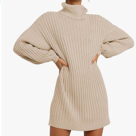 NWOT Logene Women's Sweater Dress - Ribbed - Turtleneck - Pullover Beige Size M - Picture 1 of 6